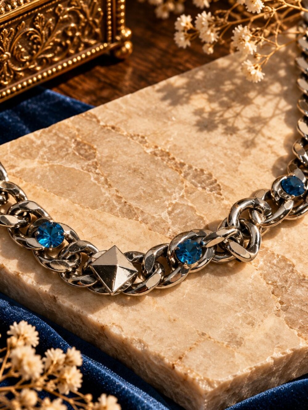 Chunky Silver-Tone Statement Necklace with Sapphire Blue Crystals & Pyramid Stud